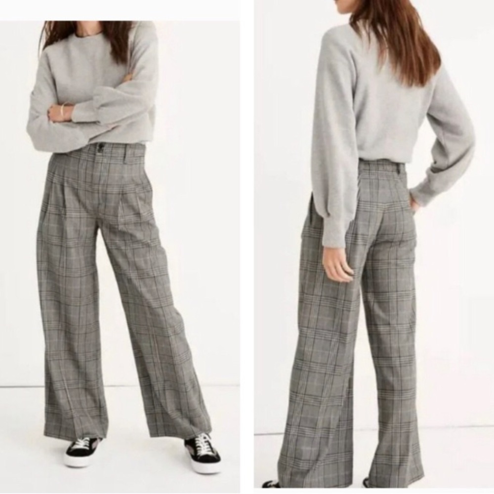 Madewell wide leg pleated high waisted plaid pants.